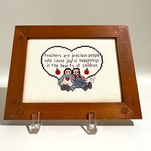 Framed Cross Stitched Teacher Theme Wall Art Brown Wood 6.5” x 8.5” Frame